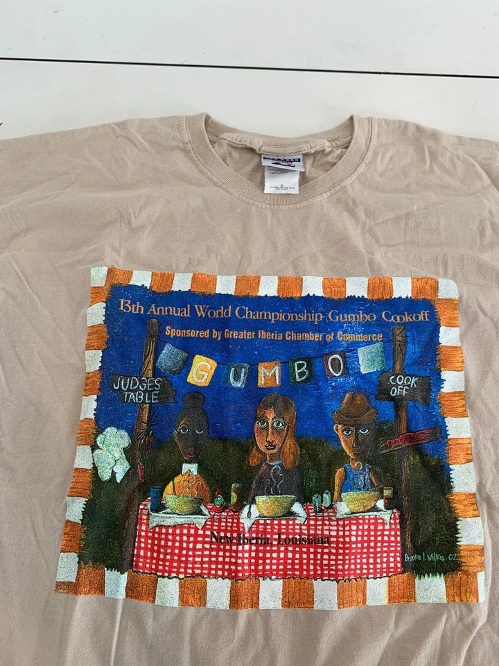 Camisa Gumbo Cookoff XL Tostada Vintage Festival de Luisiana Y2K Años 90 Nueva Iberia Cajuns Foto 2 de 4