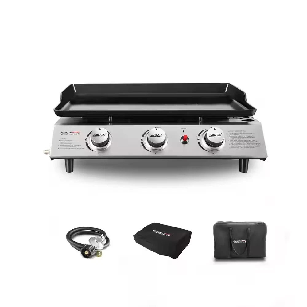24 In. 3-Burner Flat Top Grill Portable Gas Griddle with Regulator, Cover and Ca