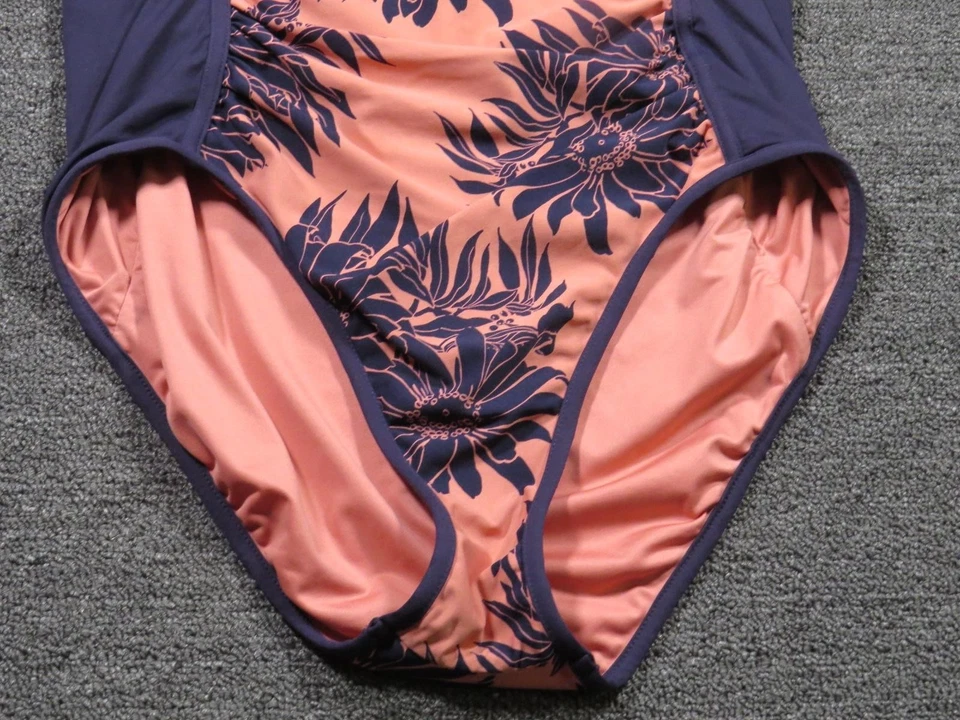 Traje de baño de playa Ann Taylor LOFT para mujer 12 melocotón azul marino de una pieza floral acanalado Foto 3 de 4