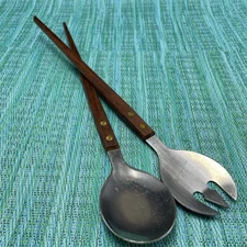 Vtg MCM Salad Servers Set Stainless w Wood Handle Japan  Fork Spoon 12”