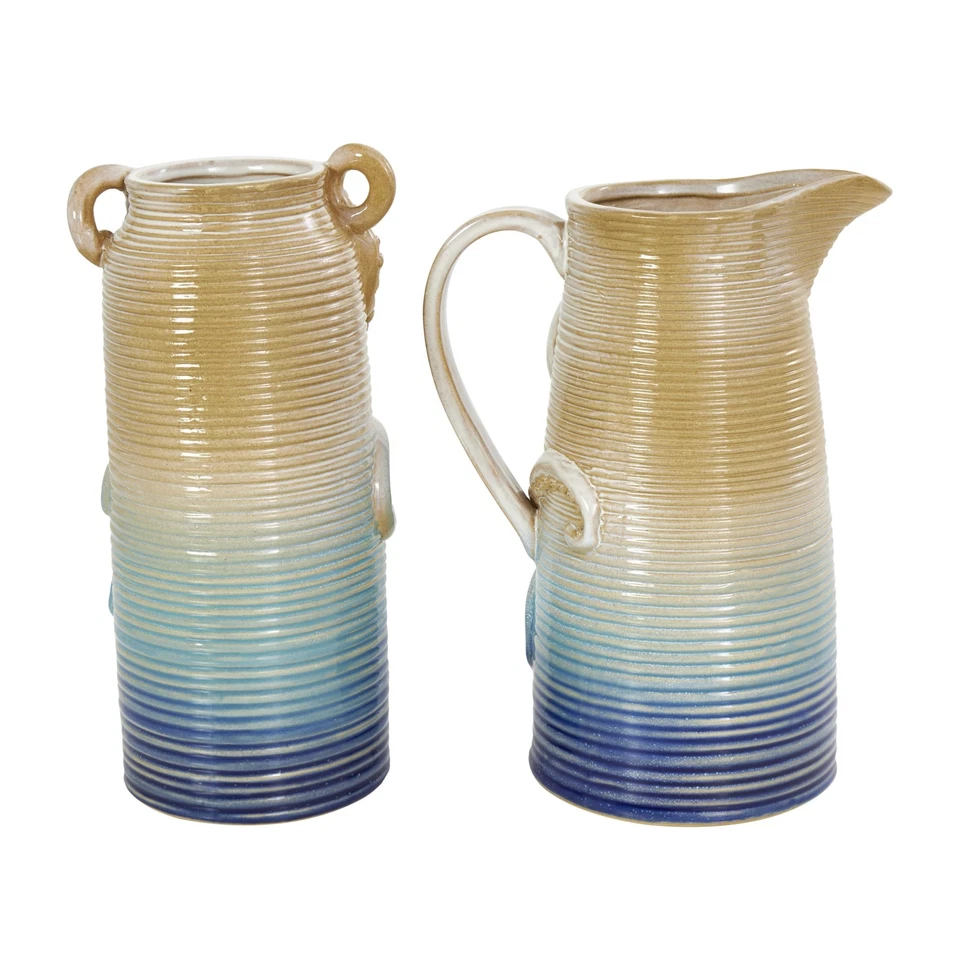 Juego de 2 jarrones de cerámica pulpo, acanalados azul ombre, 10" de alto decoración del hogar Foto 3 de 4