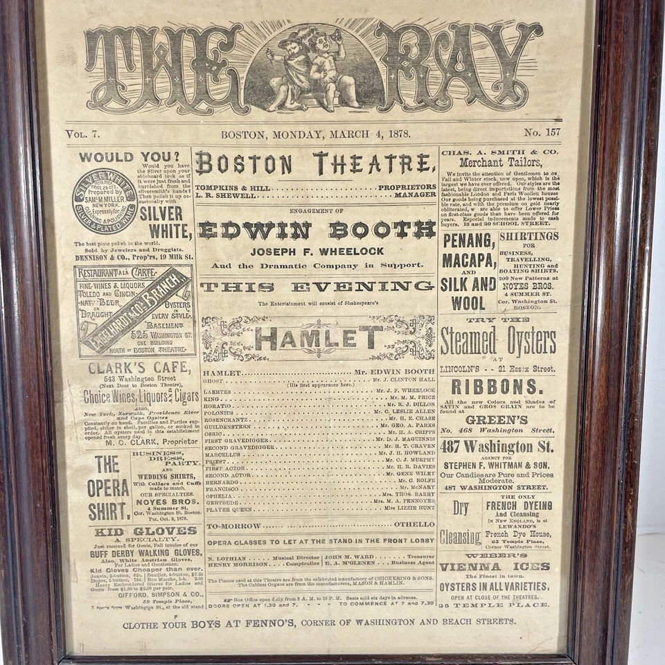 Programa enmarcado Hamlet Edwin Booth Boston Theatre The Ray Vol 7 #157 4 de marzo de 1878 Foto 4 de 4