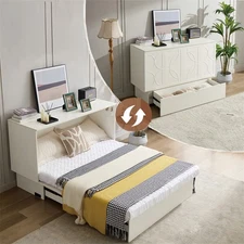 Queen Size Folding Murphy Bed w/Folding Foam Mattress & Oversized Drawers White