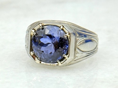 Antique 1920s 5ct Natural Blue Sapphire 18k White Gold Mens Ring Sz 9.5