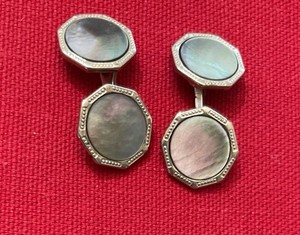 Vintage Octagonal Mother of Pearl Cufflinks Or Tuxedo Buttons Set Silver Tone