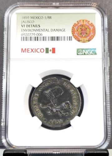 1859 MEXICO 1/4 REAL JALISCO FLAG & SEATED LIBERTY NGC VF RARE COIN