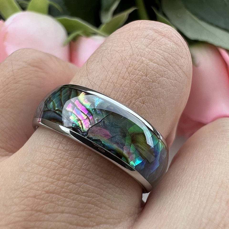 Alianza de boda con incrustación de carcasa de abulón de carburo de tungsteno de 4 mm 6 mm 8 mm Foto 4 de 4