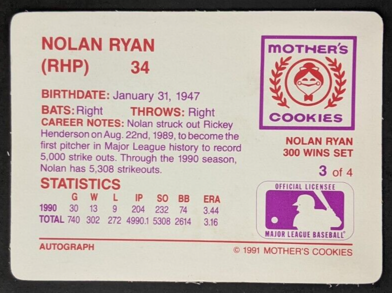 Nolan Ryan 1991 Mother's Cookies 300 Wins 3 Baseball Card