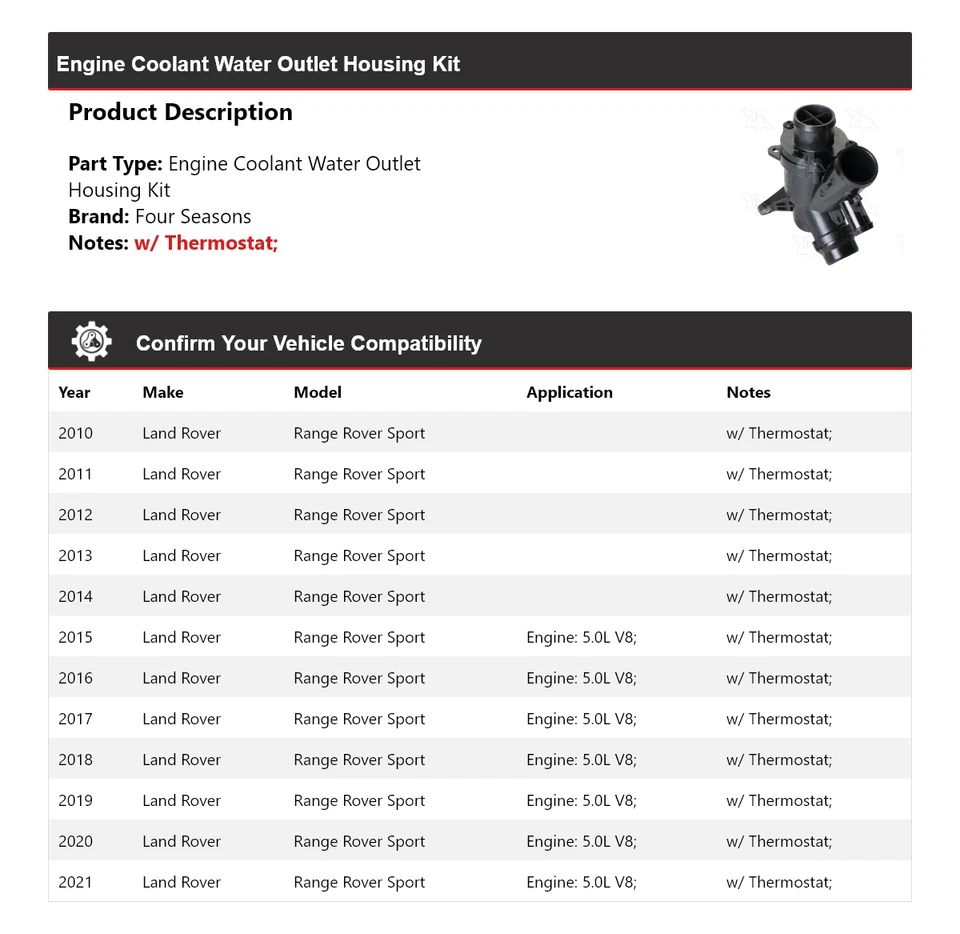 Land Rover Range Rover Sport 2010-21 kit de carcasa de salida de agua refrigerante 4 estaciones Foto 2 de 4