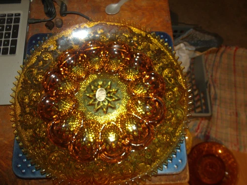 Vintage Indiana Tiara 12" Amber Glass Hard Egg Serving Tray Platter Sawtooth Rim