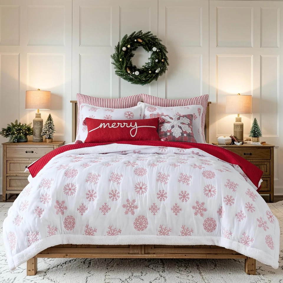 Levtex Home Merry & Bright Colleccion - Juego de edredón Sherpa copo de nieve rojo 50" X 60" Foto 3 de 4