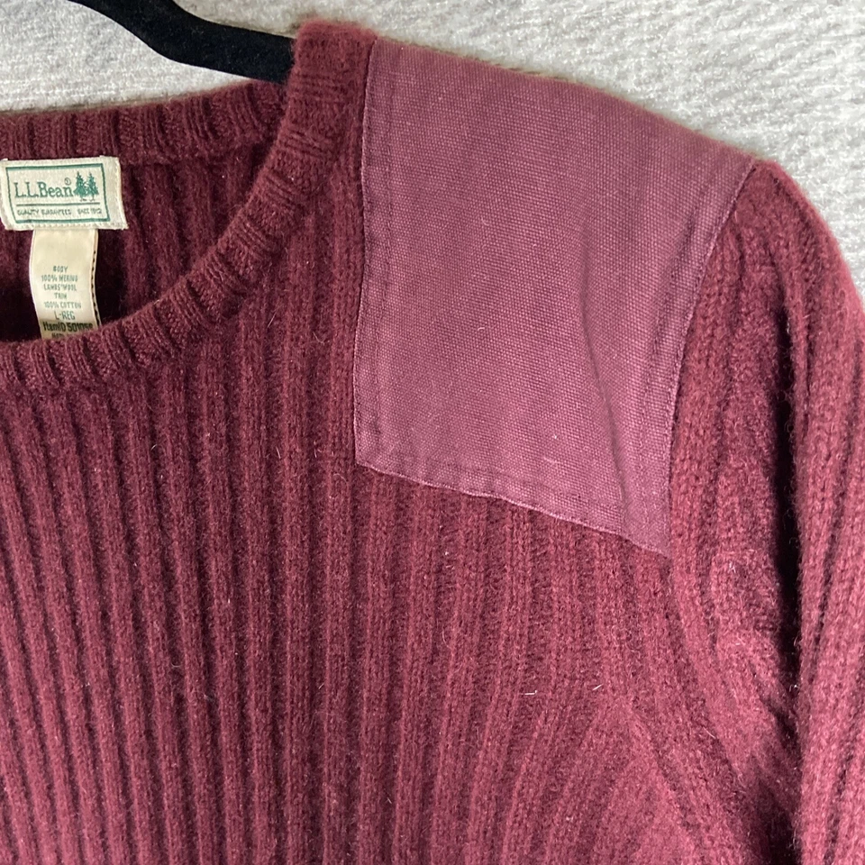 LL BEAN Commando Sweater Size Large Lambs Wool Crew Neck Maroon Pullover Elbow - Image 4 of 4