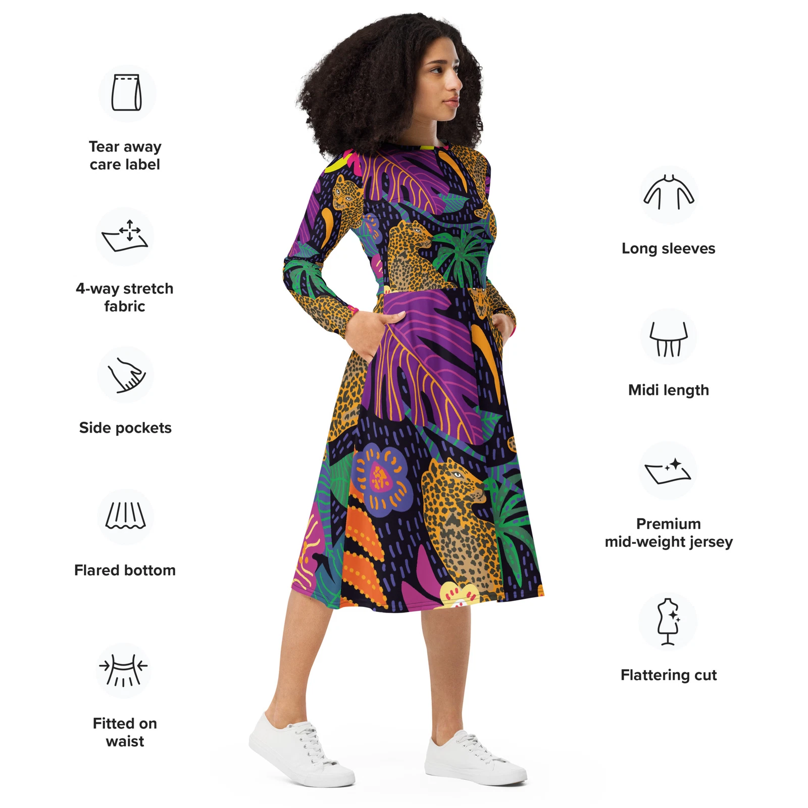 All-Over Print Long Sleeve Midi Dress