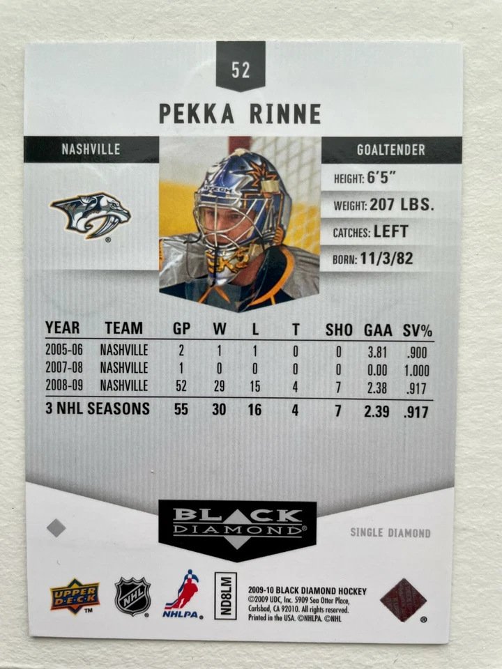 Pekka Rinne 2009-10 Upper Deck Black Diamond Single Diamond - Image 2 of 2