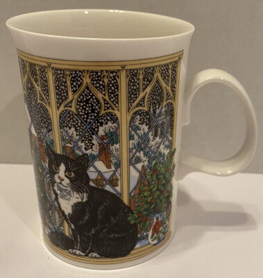 Christmas Cats Dunoon Mug Sue Scullard Window Snowy Bone China Black Orange Cats