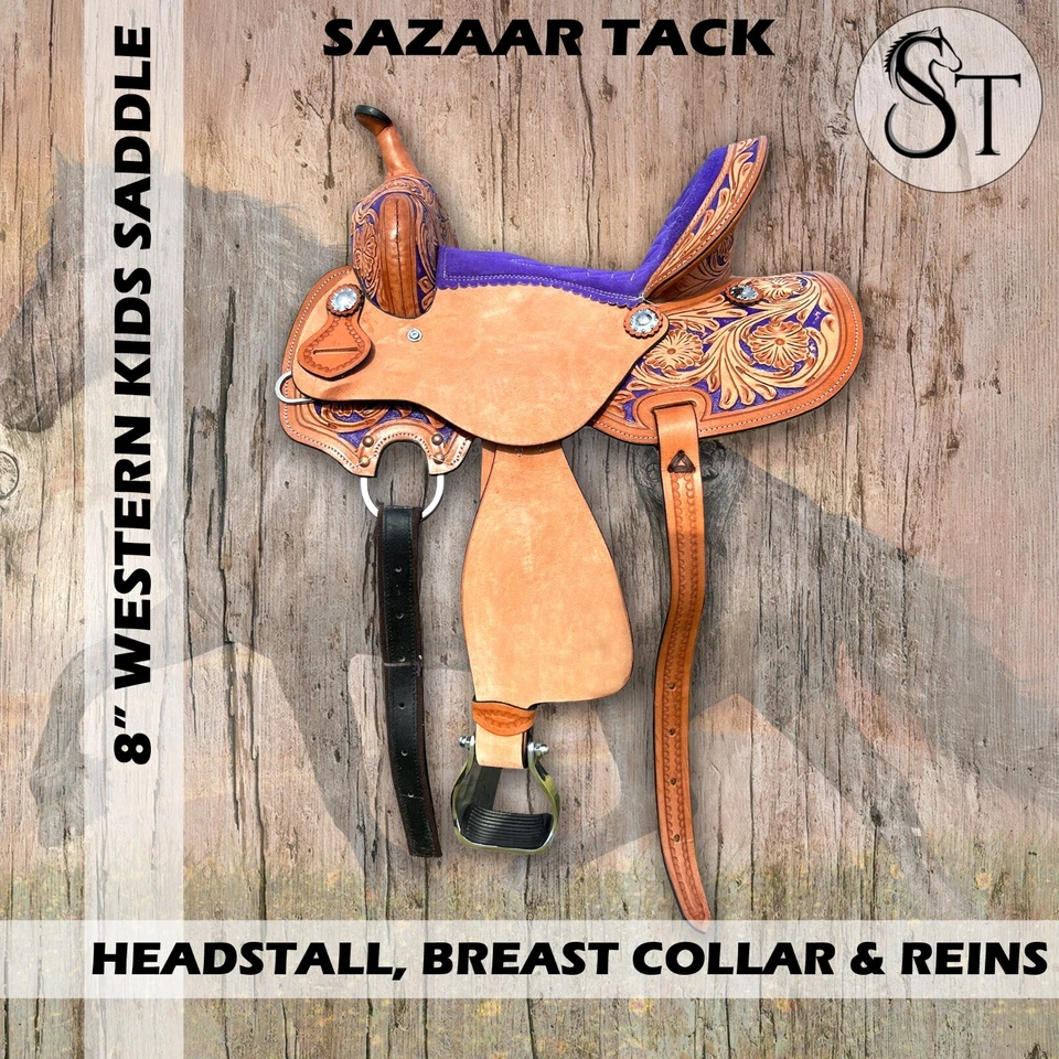 8 Inch Western Leather Youth Kids Horse Pony Saddle Tack Set Floral Tooled