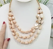 Signed Charming Charlie Blush & MOP Bead Multi Strand Gold Tone Choker Necklace