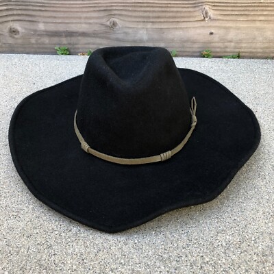 Wyeth Fedora Hat Womens O/S Black 100% Wool Wide Brim Leather Band Lux in Black main image 2