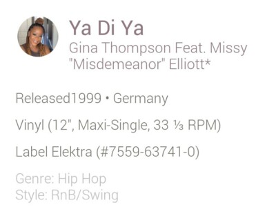 Ya Di Ya - Gina Thompson & Missy ''Misdemeanor'' Elliott Single Vinyl/Elektra 1999