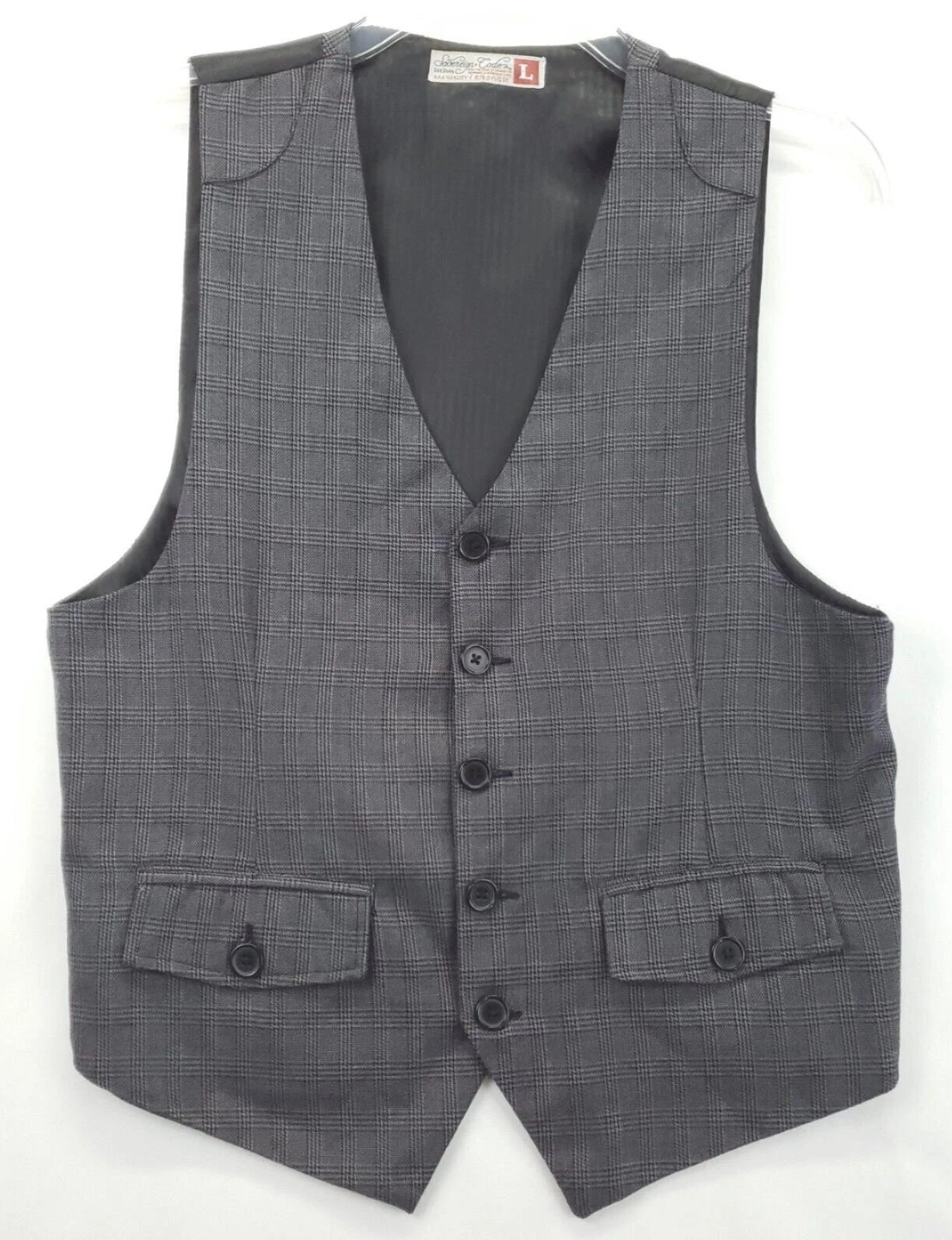 Sovereign Code Vest Waistcoat Mens L Charcoal Plaid V-Neck Button Front Formal