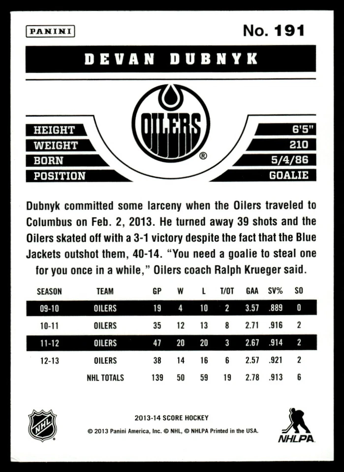 2013-14 Score Gold Devan Dubnyk Edmonton Oilers #191 - Image 2 of 2