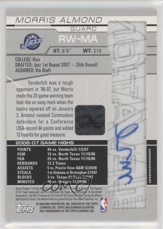 2007 Bowman Elevation Rookie Writings Relics /169 Morris Almond #RW-MA Auto RC - Image 2 of 2