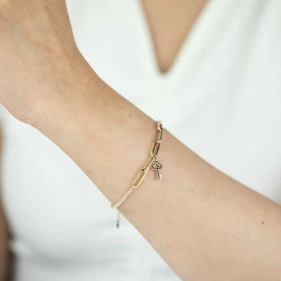 Bracelet Charm En Émail Noir Avec Pince À Papier CZ En Or Jaune 14k Jusqu'à 7,5" - Photo 1/4