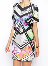 ASOS Women's Floral Geometric Print Shift Dress 2 Short Sleeve Colorful Summer