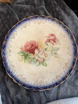 Antique Vintage Sterling China Blooming Roses Plate 10'' Pink Cream Roses Blue