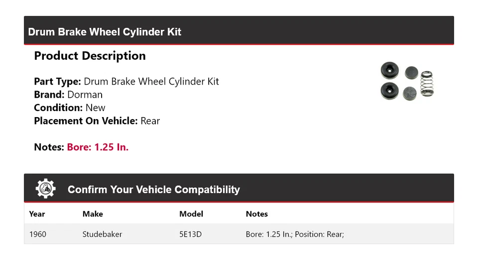 Для 1960 Studebaker 5E13D Dorman барабан тормоз колеса цилиндр набор задний - Изображение 2 из 4