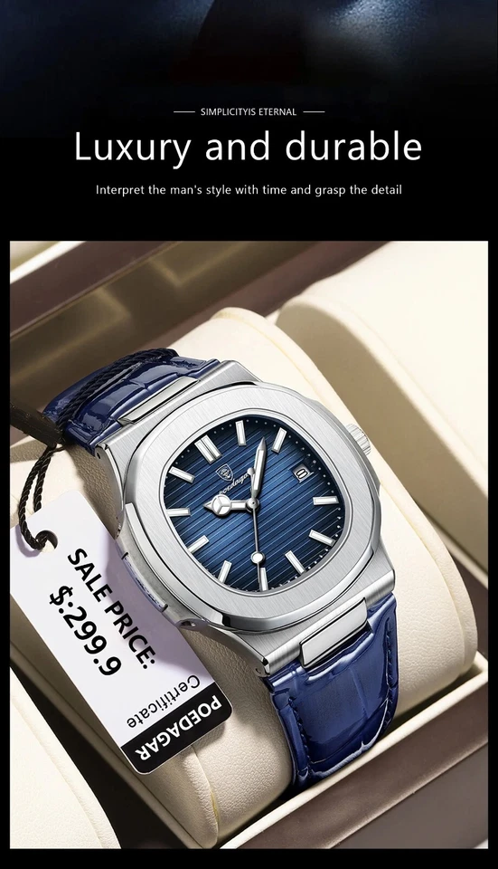 Leder Armbanduhr mit Datum - Herrenuhr Leuchtzeiger Luxusuhr + Uhrenbox - Bild 3 von 4