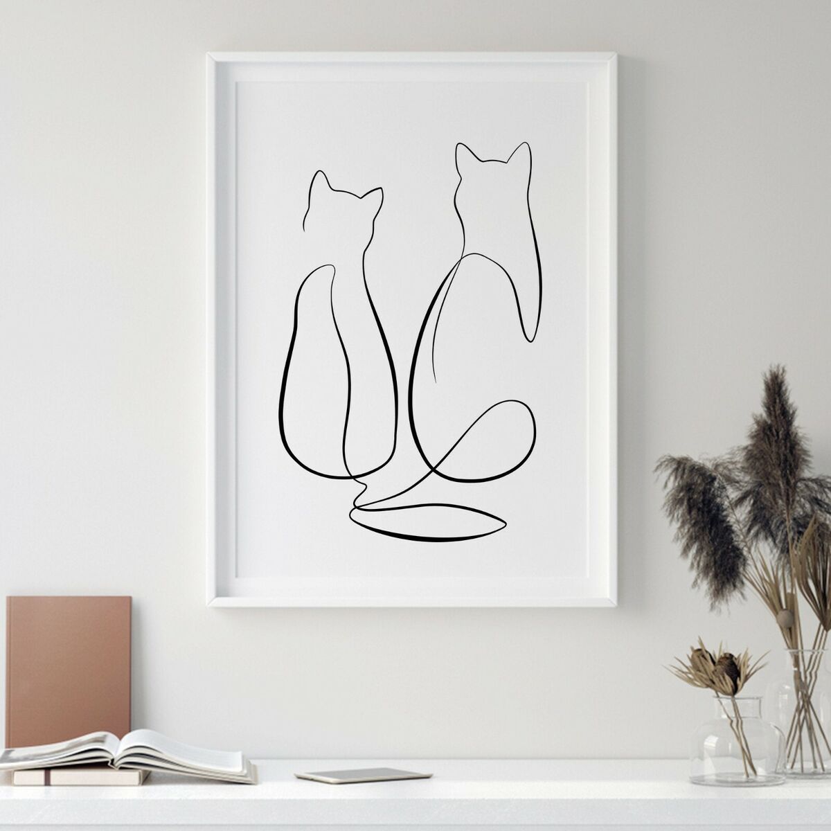 Cats Couple One Line Art Drawing Wall Prints. Perfect Minimalist