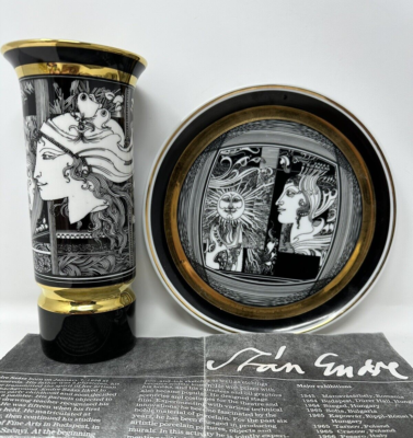 ホロハーザ（Hollóháza） Hollohaza Hungary Vase Plate 1831 by ENDRE SZASZ Black White Gold