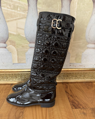 Dior Black Quilted Leather Knee-High Riding Boots Buckle Zip Round Toe US 9