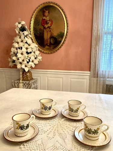 Stangl Pottery Golden Blossom 4 Coffee Cups & Saucers Vintage Retired USA