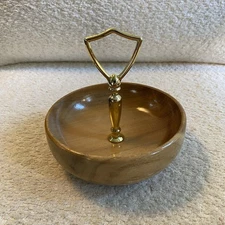 Vintage Mid Century MCM Myrtlewood Nut Candy Dish with Center Gold Handle