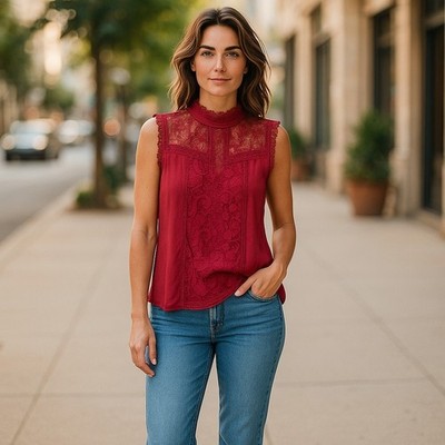 Eve & Maddie Womens Tank Wine Burgundy Lace Mock Neck Size XL