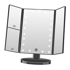 Lighted Makeup Mirror, 21 Bright LED Lights, 3x/2x/1x Magnifying Trifold Black