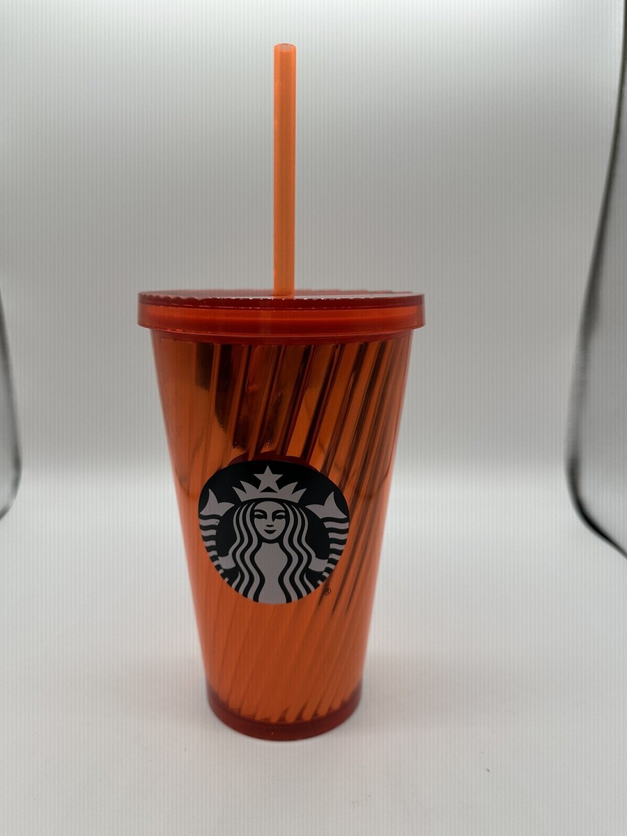 Starbucks 2018 Cold Cup 16oz Orange Spiral Tumbler w/Straw Shiny