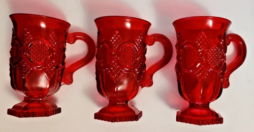 Avon Ruby Red Cape Cod 1876 VARIATION! 3 Footed Mugs-FLASHED NOT SOLID RED GLASS