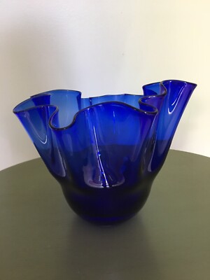 LYNGBY GLAS - Danish Mid Century - Cobalt Blue Ruffled Handkerchief Vase- LABEL