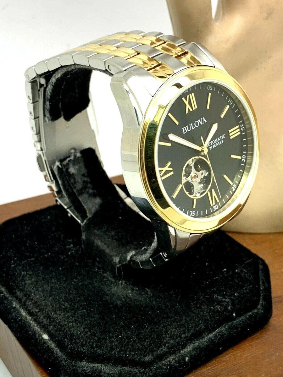 Bulova Men s Watch 98A168 Automatic Black Dial Two Tone Gold