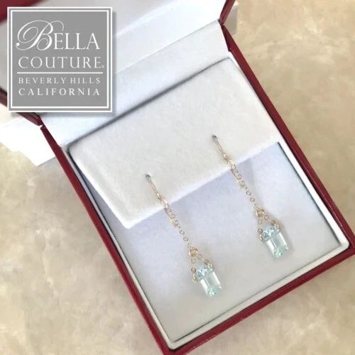 PENDIENTES COLGANTES DE ORO AMARILLO 14K AGUAMARINA NATURAL RAROS DE COLECCIÓN ESMERALDA ART DECO Foto 2 de 4