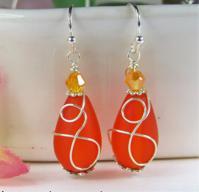 Teardrop-Shaped Frosted Sea Glass Dangle Earrings, Beach Fashion, Sea Jewelry
