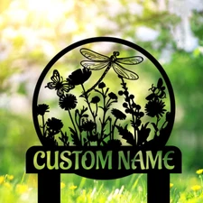 Custom Dragonfly Garden Sign, Metal Dragonfly Garden Stake, Personalized Garden