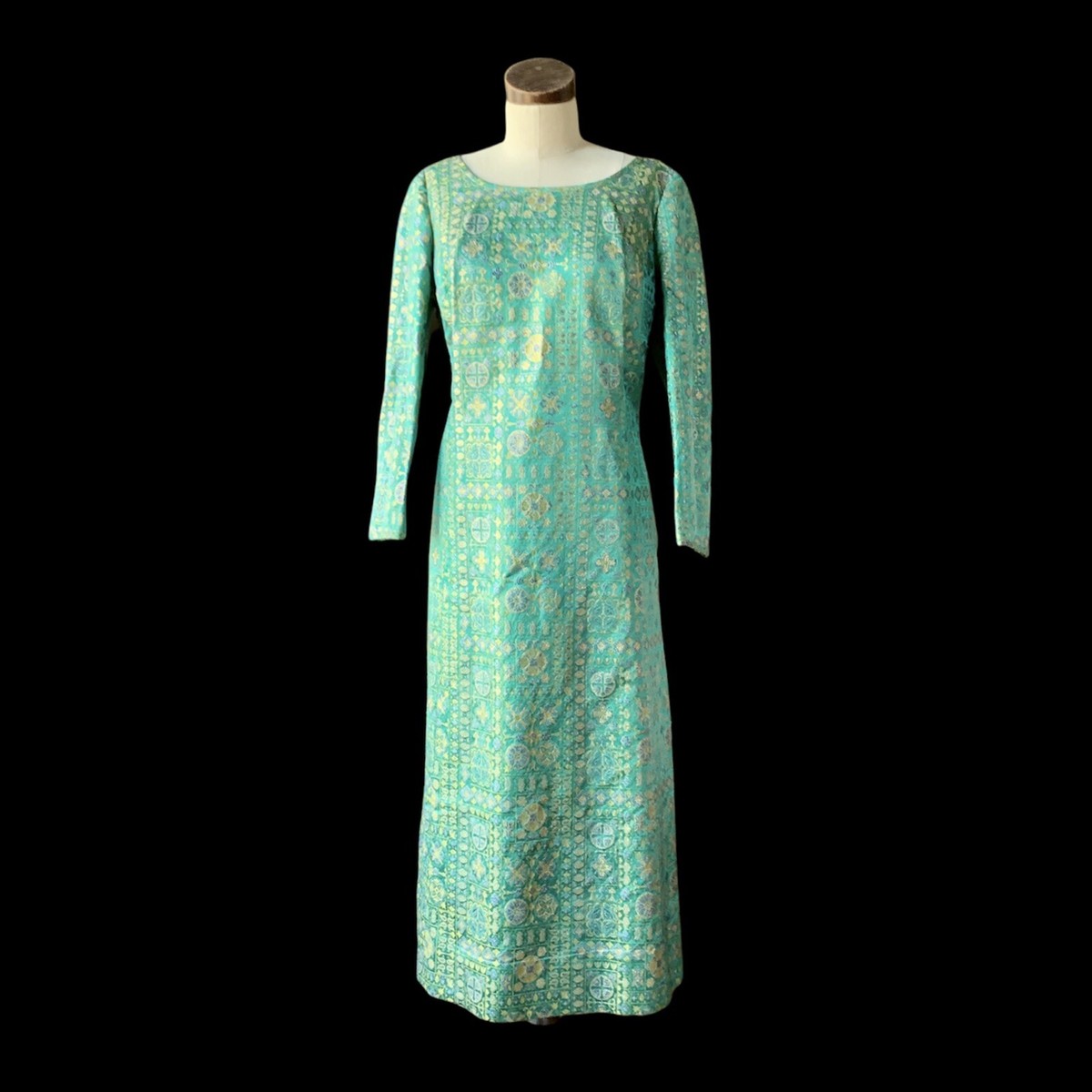 Vintage Couture 1950s Metallic Gold Green Gown Dress MAXI M/L