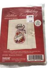 Two Janlynn Christmas Holiday Ribbon Embroidery Kits Snowman,Stocking  Notecards