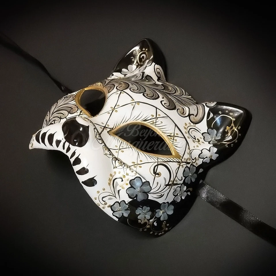 Day of the Dead Dia de los Muertos Cat Costume Masquerade Mask [Black] - Image 3 of 4