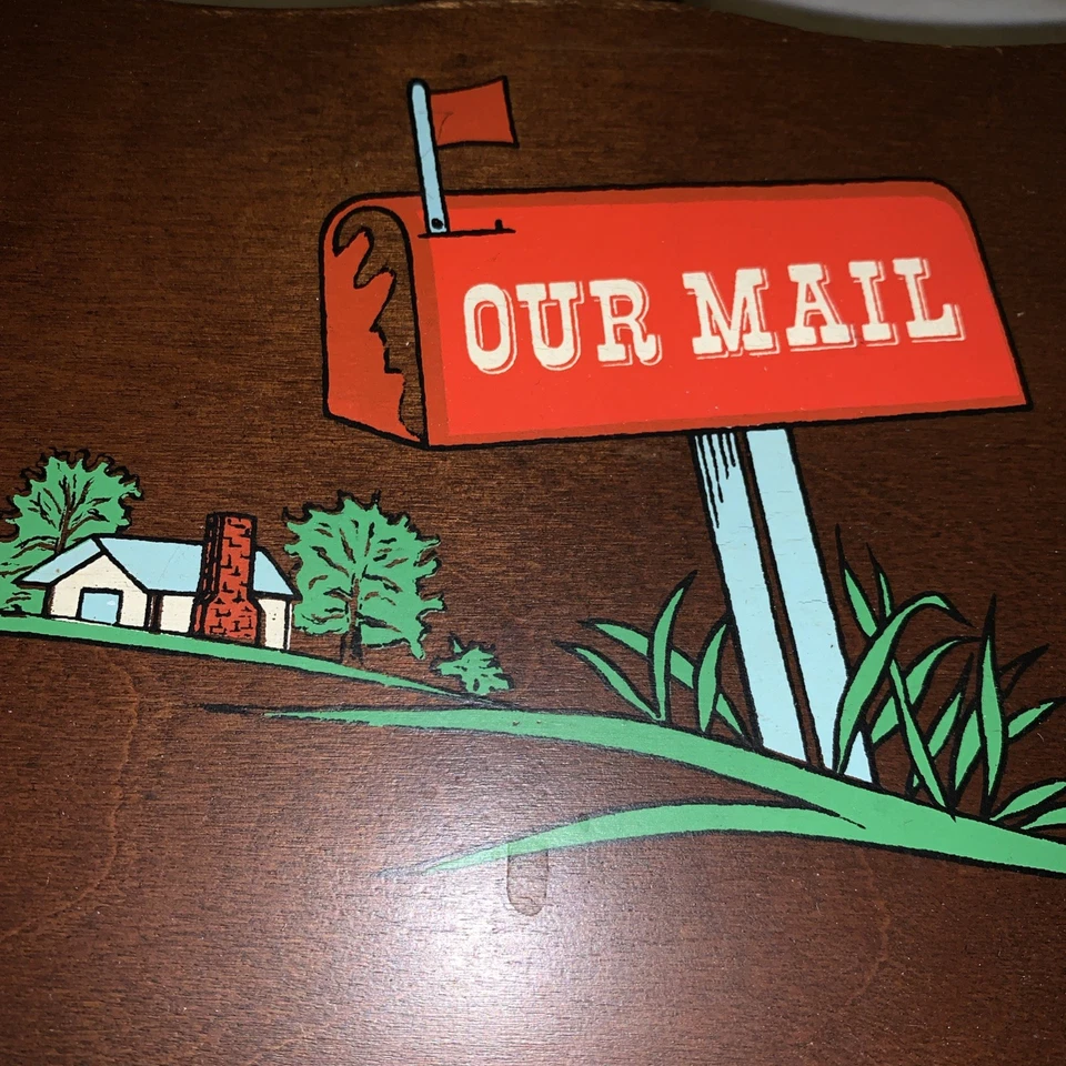 Vintage Wooden Wall Hanging Our Mail Holder And Key Hooks 12.75” x 9.5” MCM - Image 2 of 4