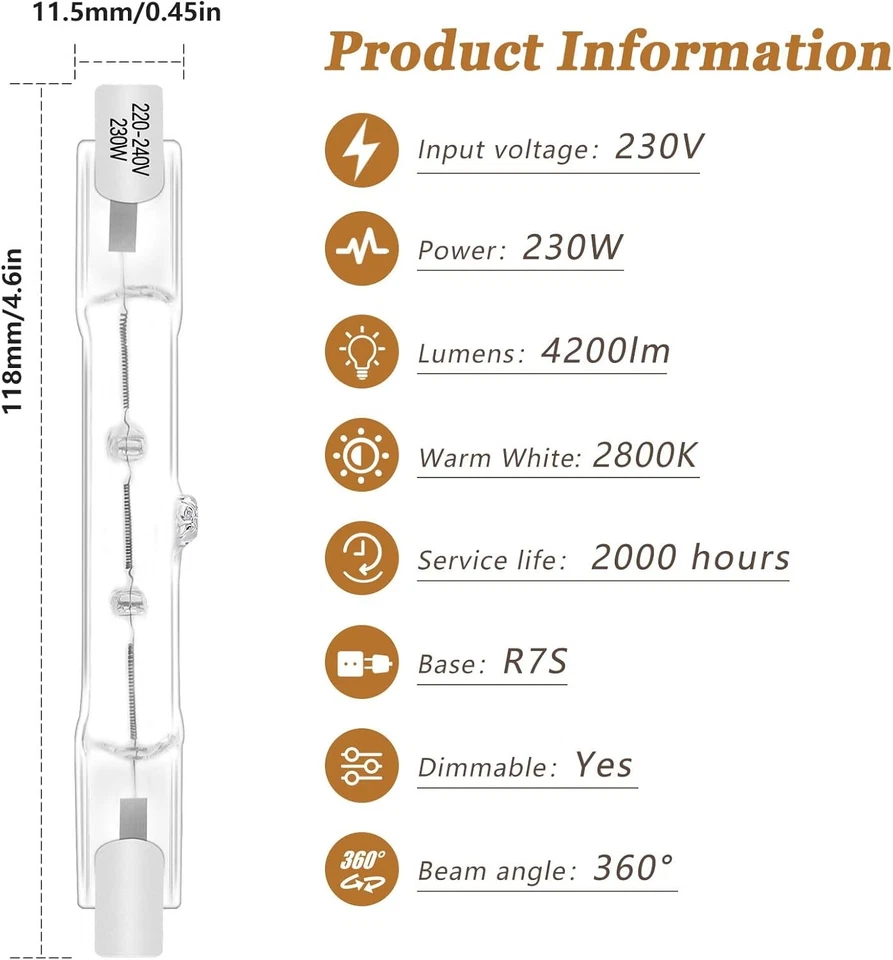 R7S Halogen Bulb 118mm 230W 230V, Dimmable Linear Light Bulb, 2800K...  - Image 2 of 4